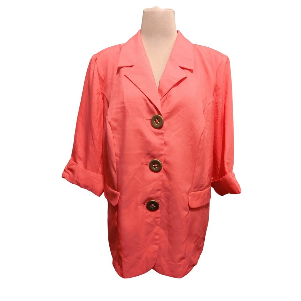 Allison Woods 22W Coral Button Front Plus Size Power Blazer Gold Button Pockets